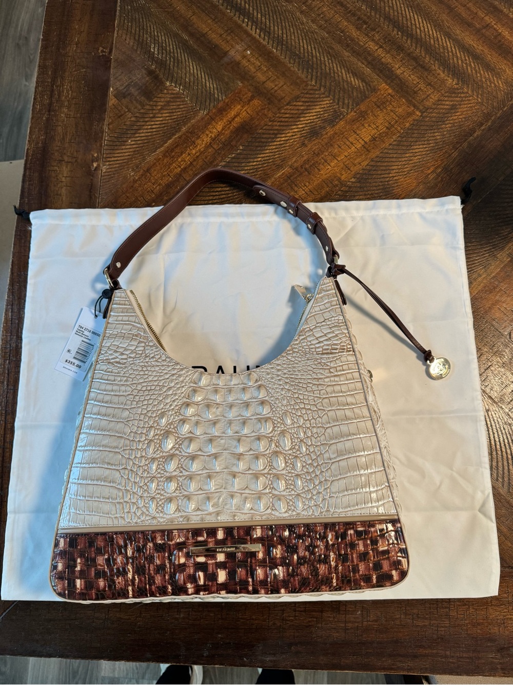 Brahmin Tabitha Cream Croc-Embossed Hobo Bag with Brown Accent